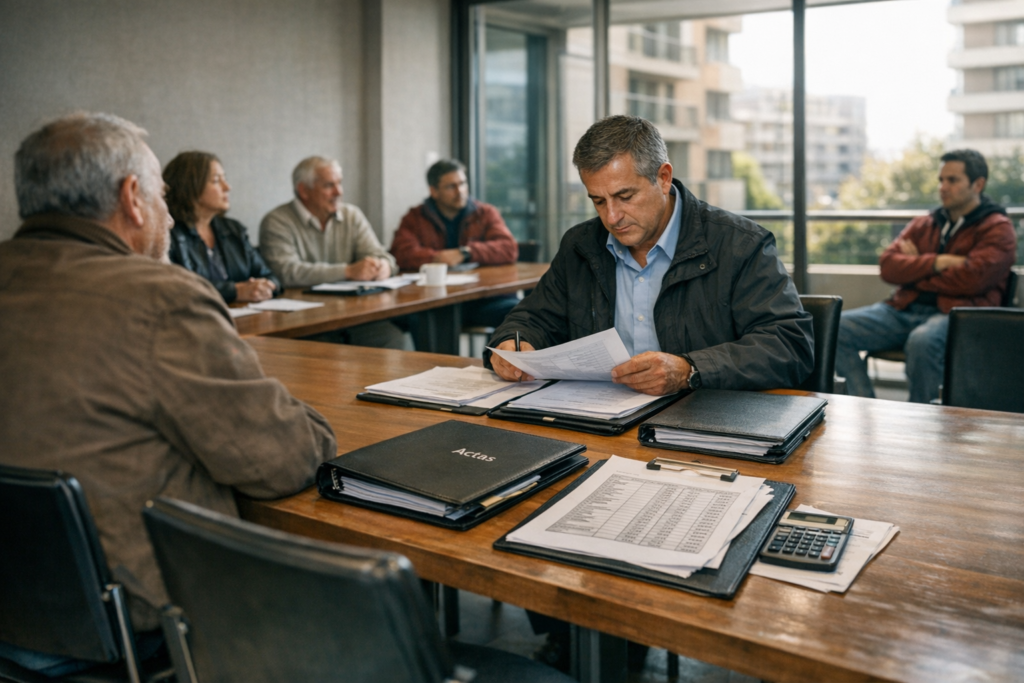 Reunión de copropiedad con baja asistencia y documentos de administración del condominio