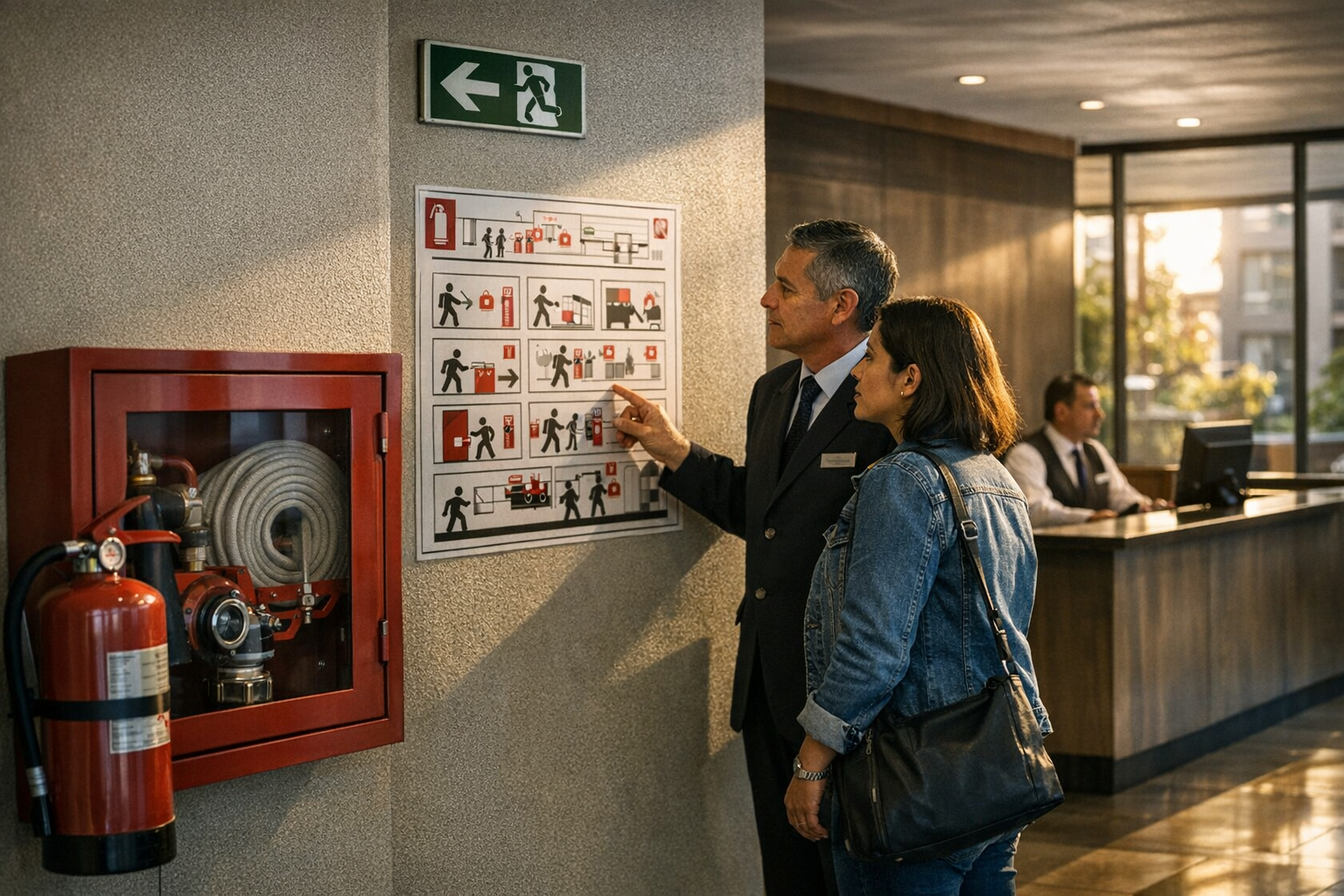 Conserjería de edificio con señalética de evacuación, extintor y red húmeda como parte de un plan de emergencia en condominio