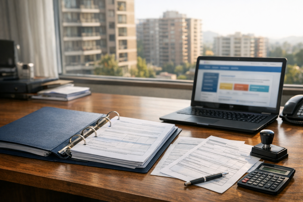 Administrador de condominio en oficina revisando documentos tributarios y registro ante el SII