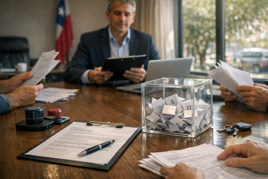 Vecinos realizando sorteo para conformar el comité de administración del condominio