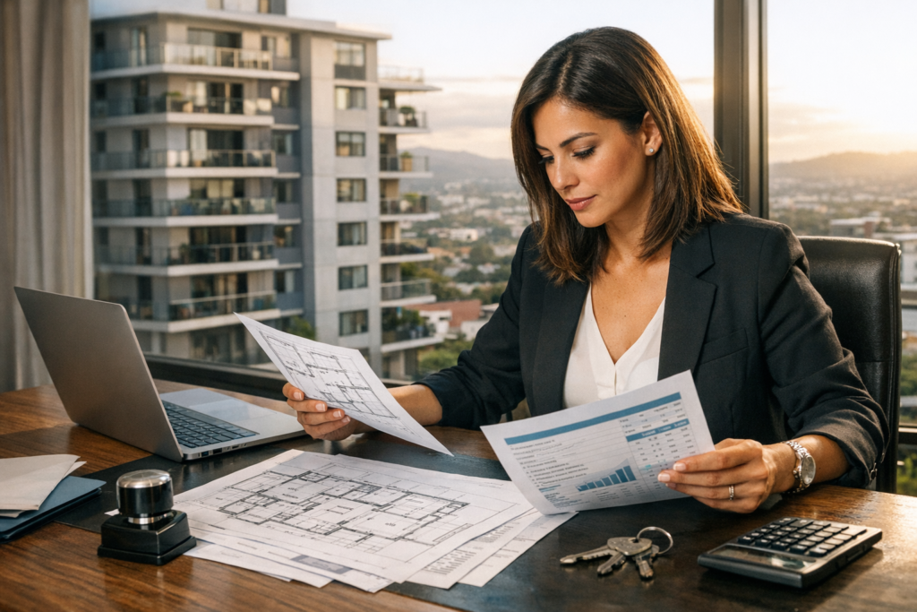 Administradora revisando informes y mantenimiento de un condominio en El Salvador