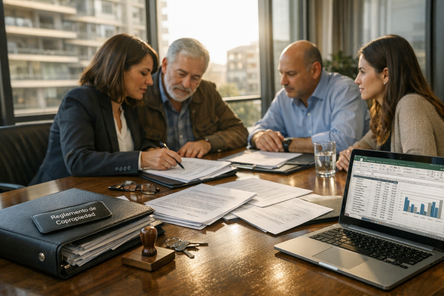 Administrador y comité revisando reglamento y acuerdos bajo la Ley 21.442 en un condominio