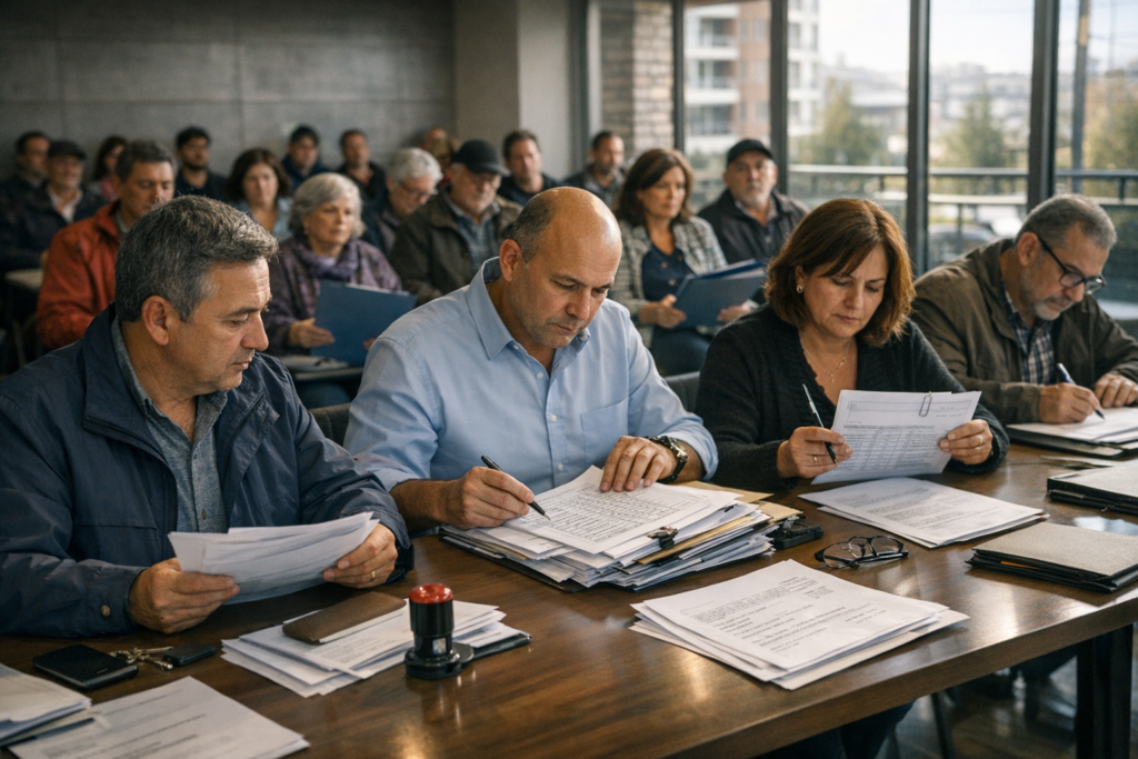 Vecinos en asamblea de condominio revisando lista de asistencia y poderes para cumplir quórum