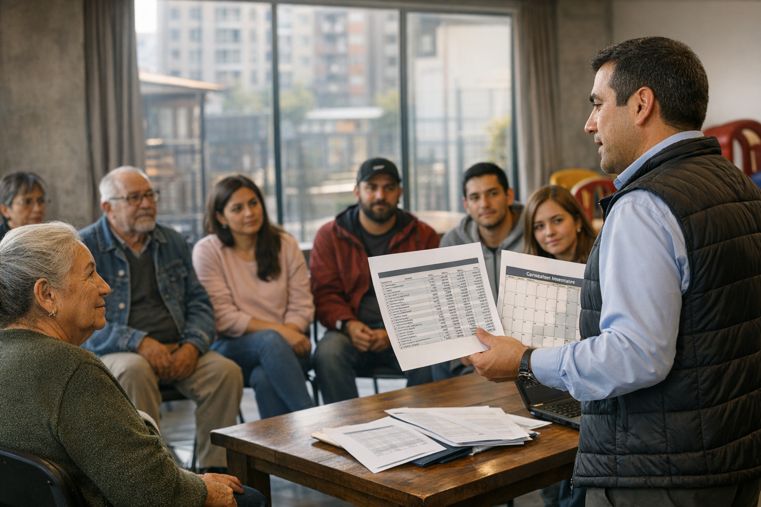 Reunión de copropietarios sobre gastos comunes en un condominio de integración social en Chile