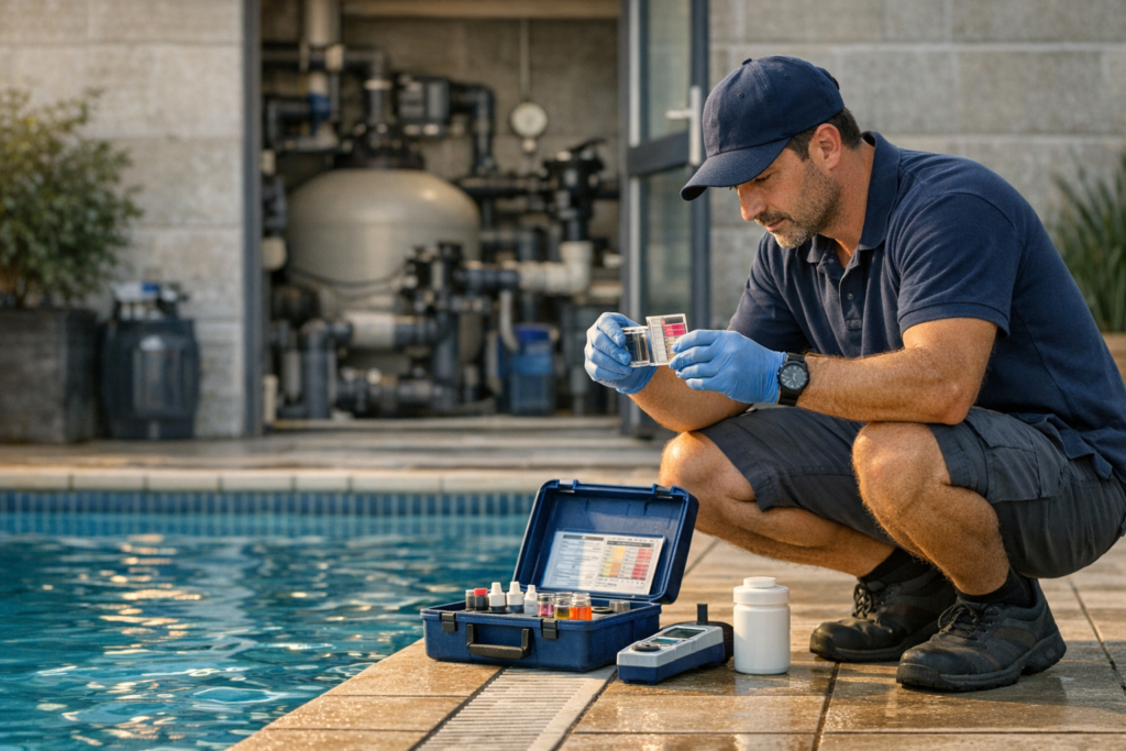 Técnico midiendo pH y cloro en piscina de condominio con equipos de filtración al fondo