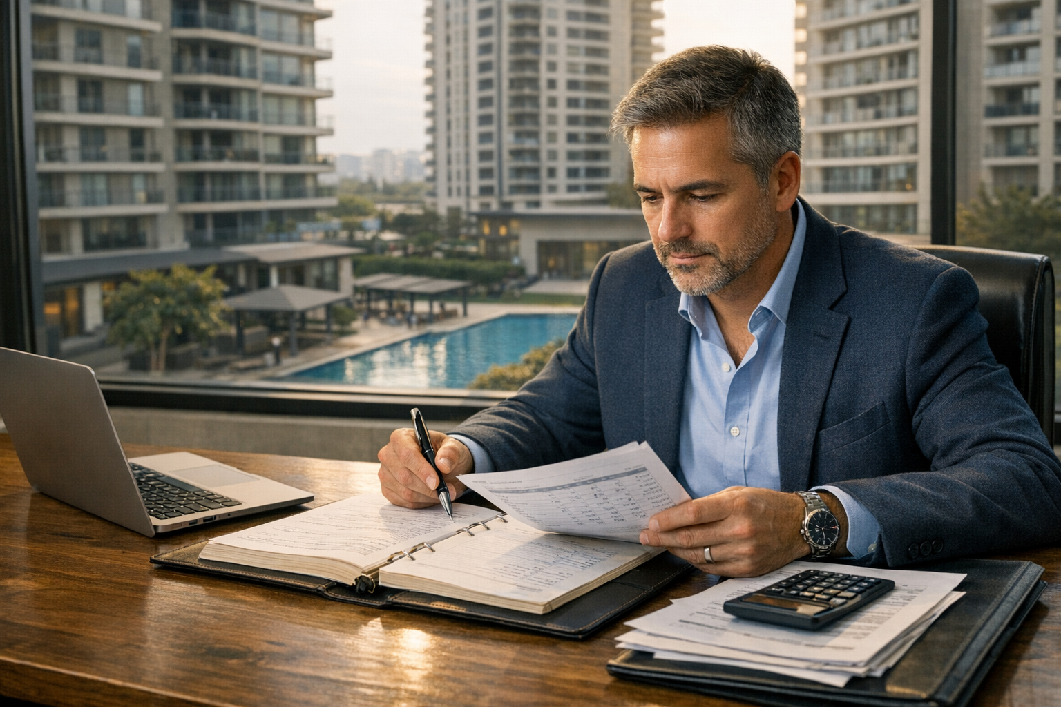 Administrador de condominios revisando libro de actas y rendición de cuentas en oficina