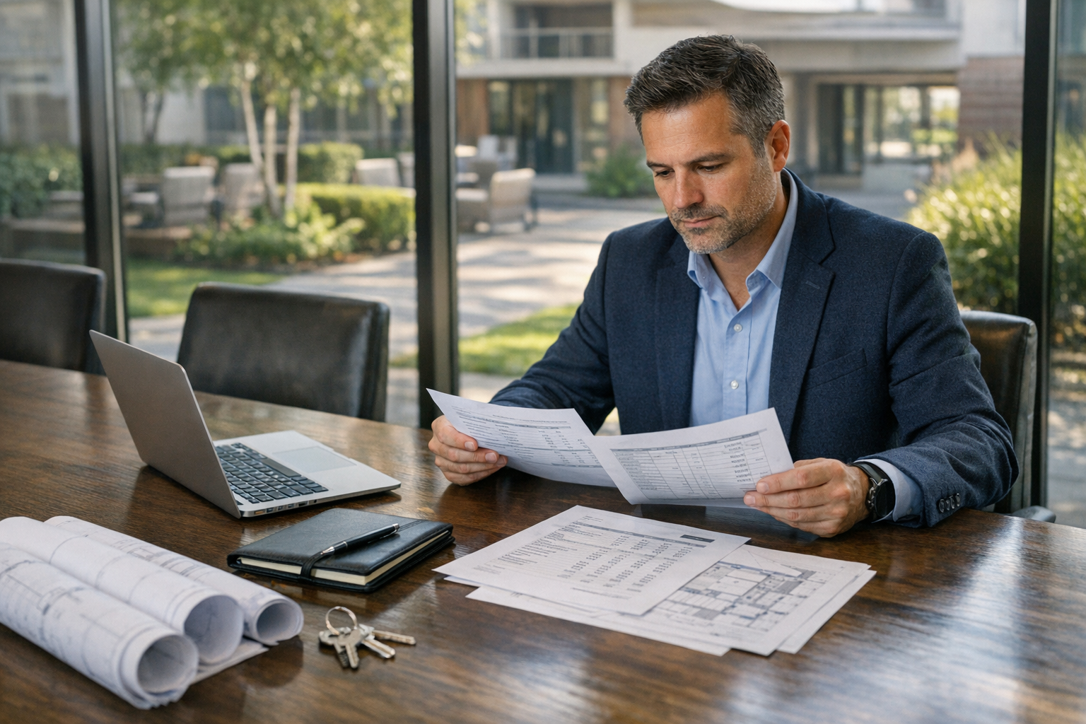 Administrador revisando gastos comunes y planificación de mantención en un condominio