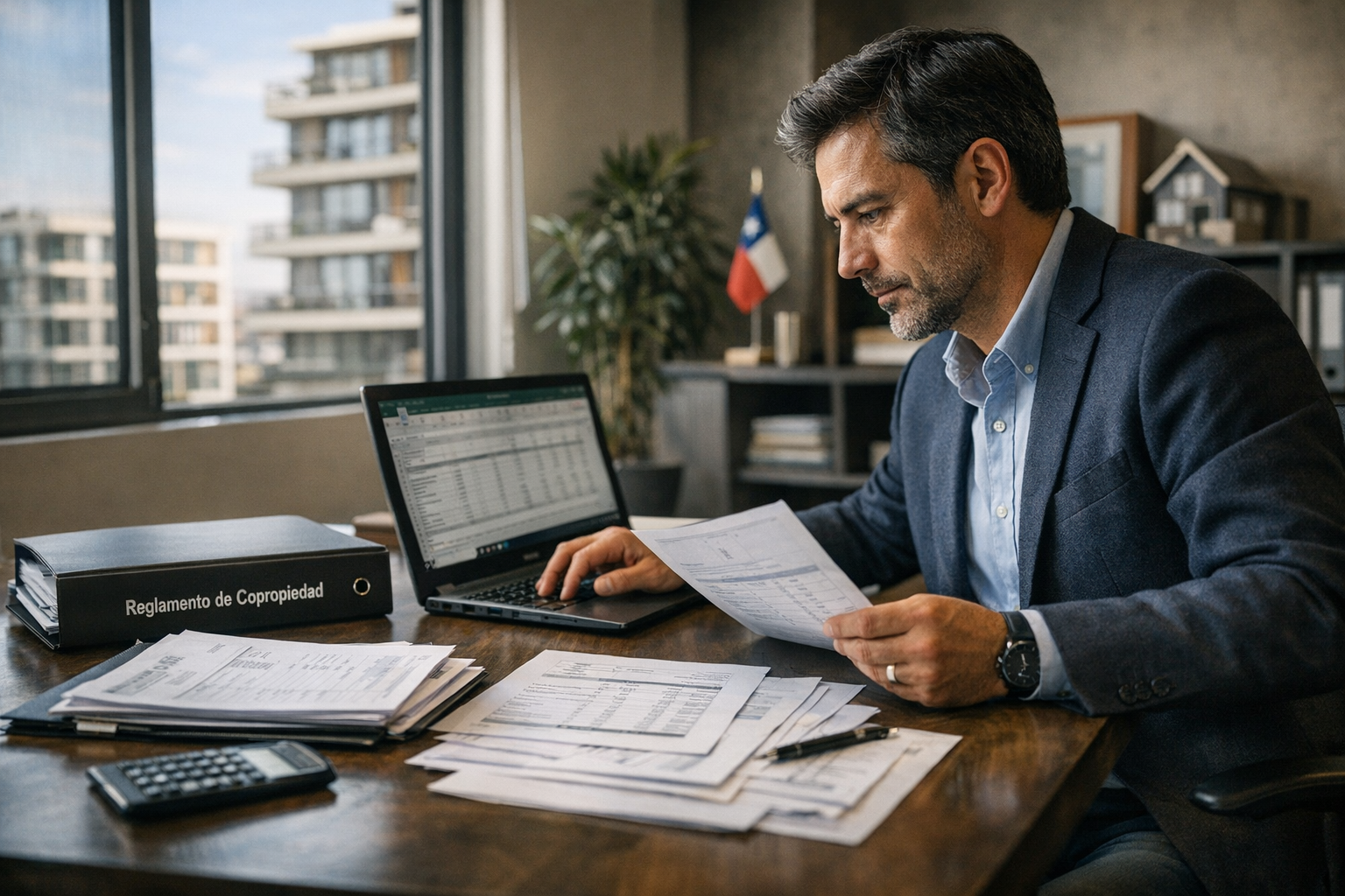 Administrador de condominio revisando documentos para certificación e inscripción en registro nacional
