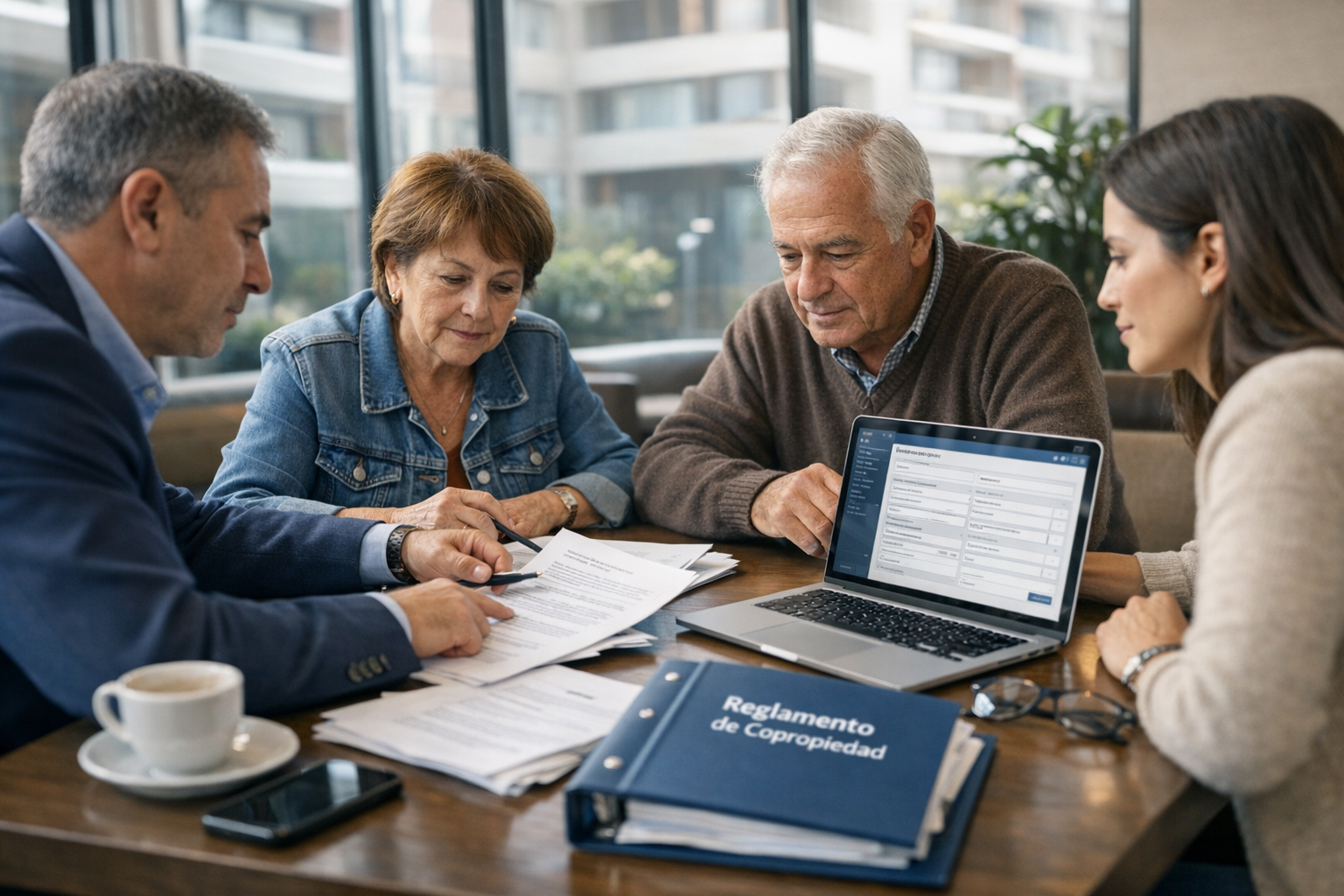 Administrador y comité revisan reglamento de copropiedad y requisitos del registro nacional en una reunión de condominio