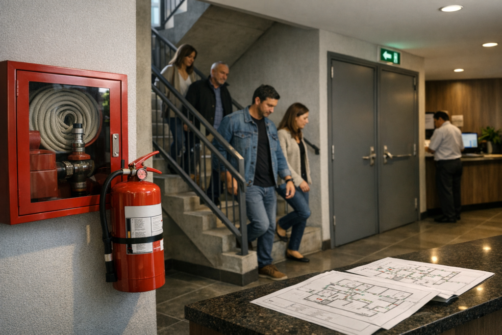 Escalera de evacuación y equipamiento contra incendios en edificio residencial con residentes evacuando de forma ordenada