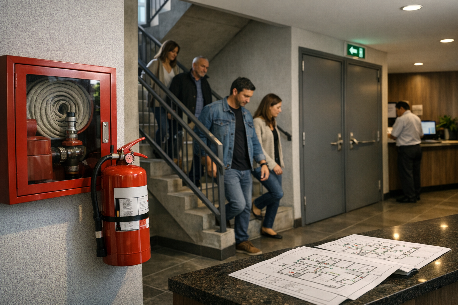 Escalera de evacuación y equipamiento contra incendios en edificio residencial con residentes evacuando de forma ordenada