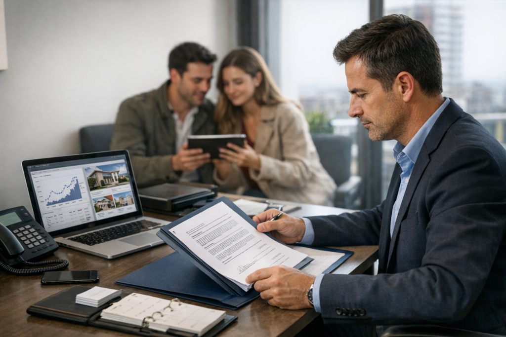 Corredor de propiedades trabajando con documentos, notebook y clientes en oficina inmobiliaria