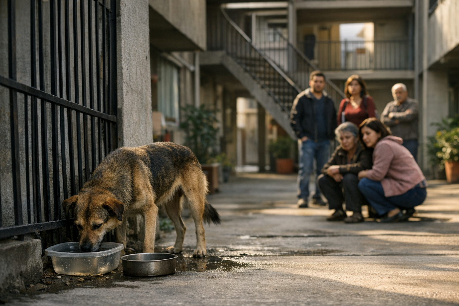 Perro callejero en áreas comunes de un condominio mientras vecinos discuten sobre su alimentación y seguridad