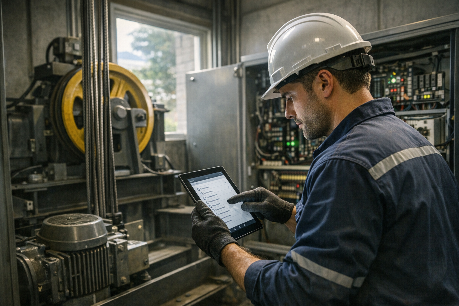 Técnico realizando mantención preventiva mensual de ascensor con checklist digital en sala de máquinas