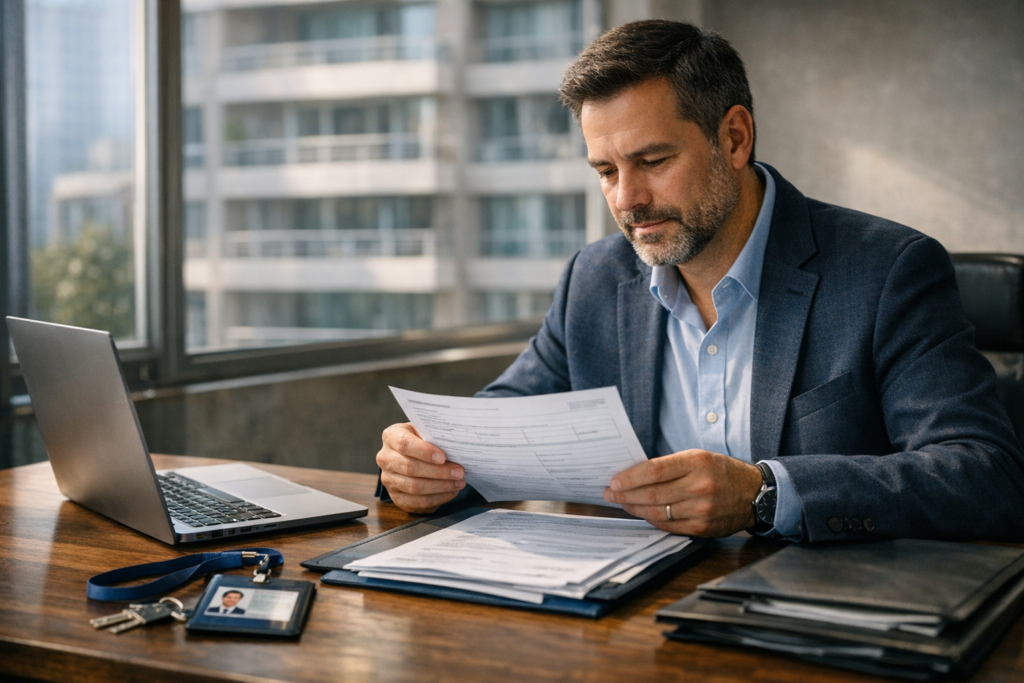 Administrador de condominios revisando requisitos de inscripción y datos para el Registro Nacional