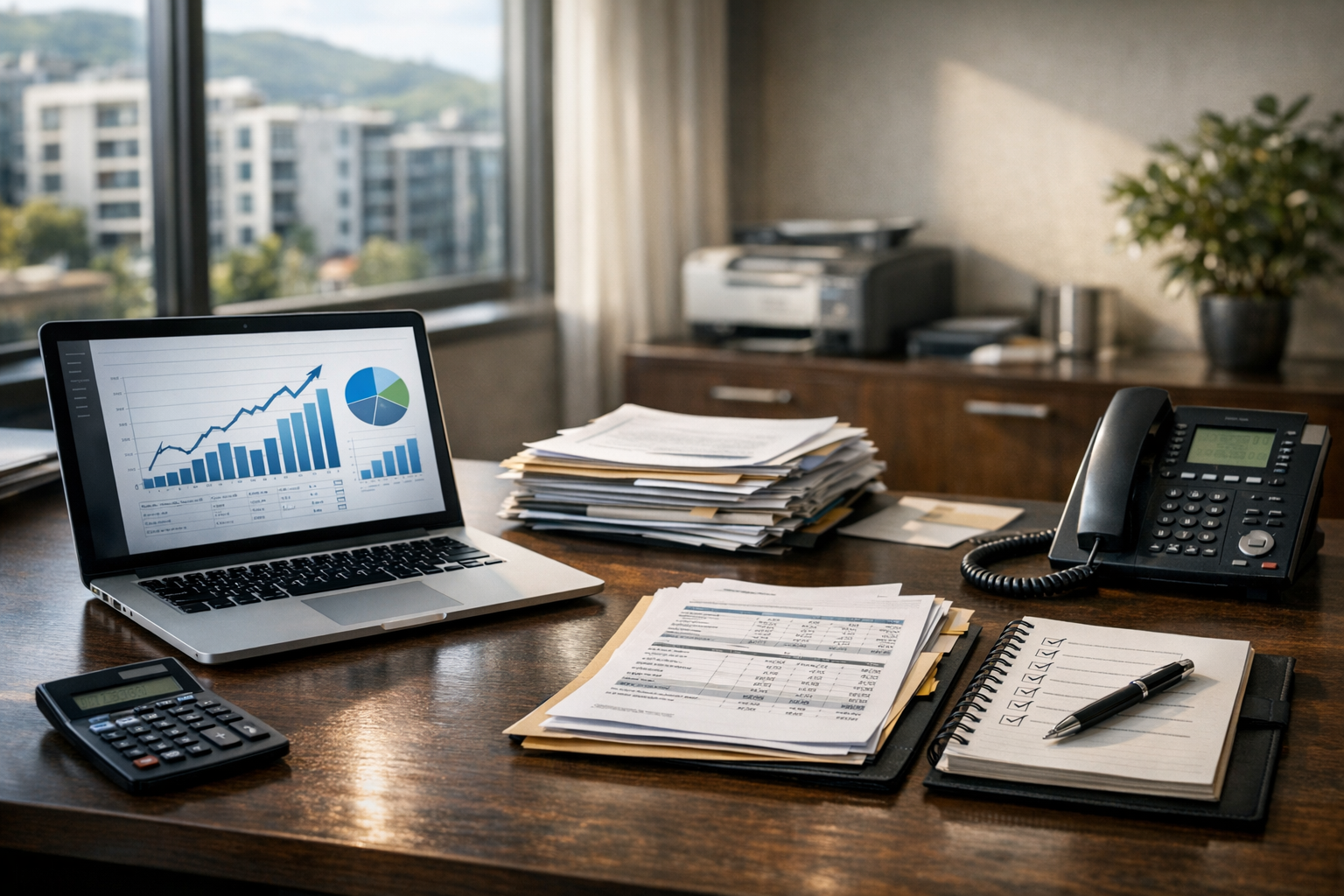 Oficina de administración de condominios con control financiero y documentos de gastos comunes