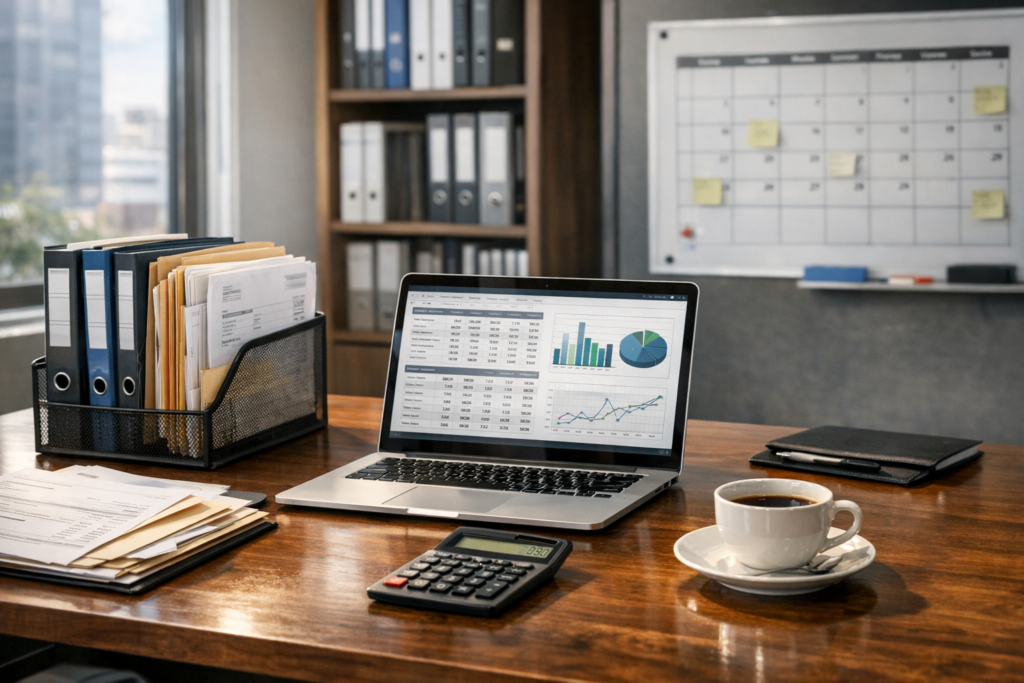 Oficina de administración analizando costos, digitalización y externalización de procesos
