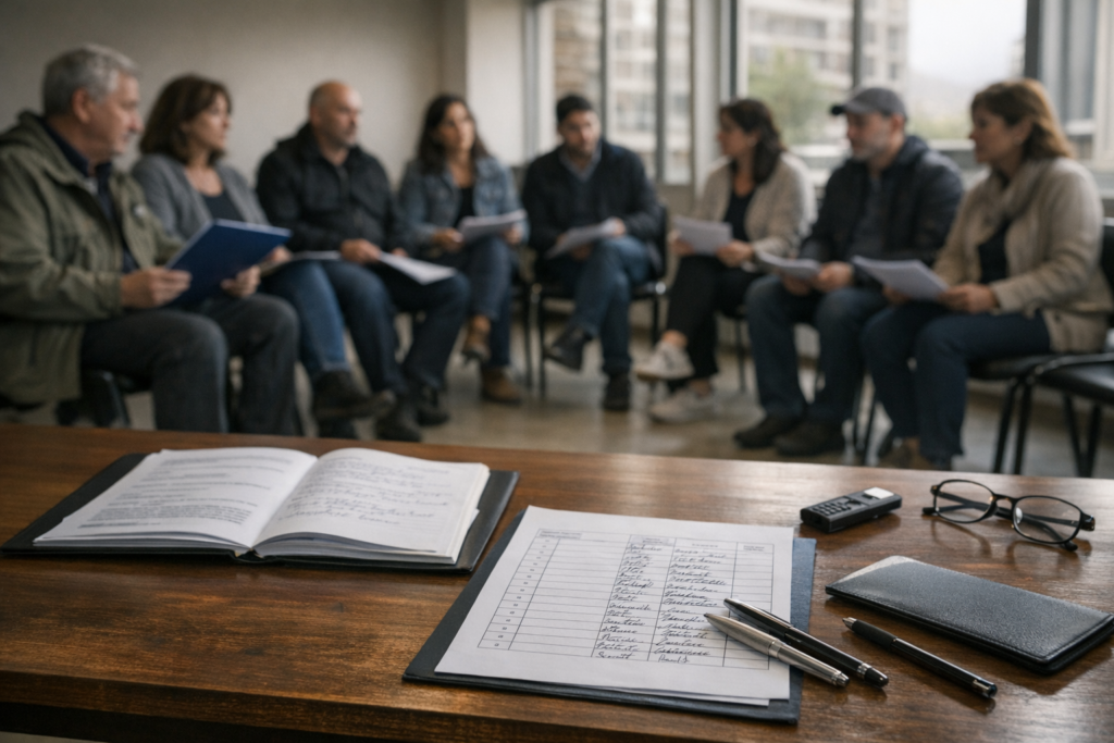 Reunión de asamblea de copropietarios en un condominio para tratar materias ordinarias y extraordinarias y verificar quórums