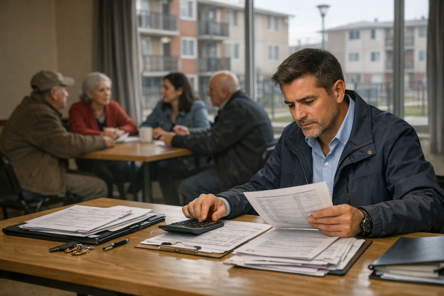Administrador y comité revisando gastos comunes en un condominio social en Chile