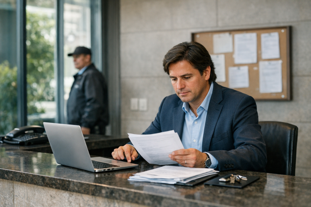 Administración de condominio organizando protocolos y documentación en conserjería