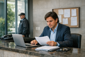 Administración de condominio organizando protocolos y documentación en conserjería