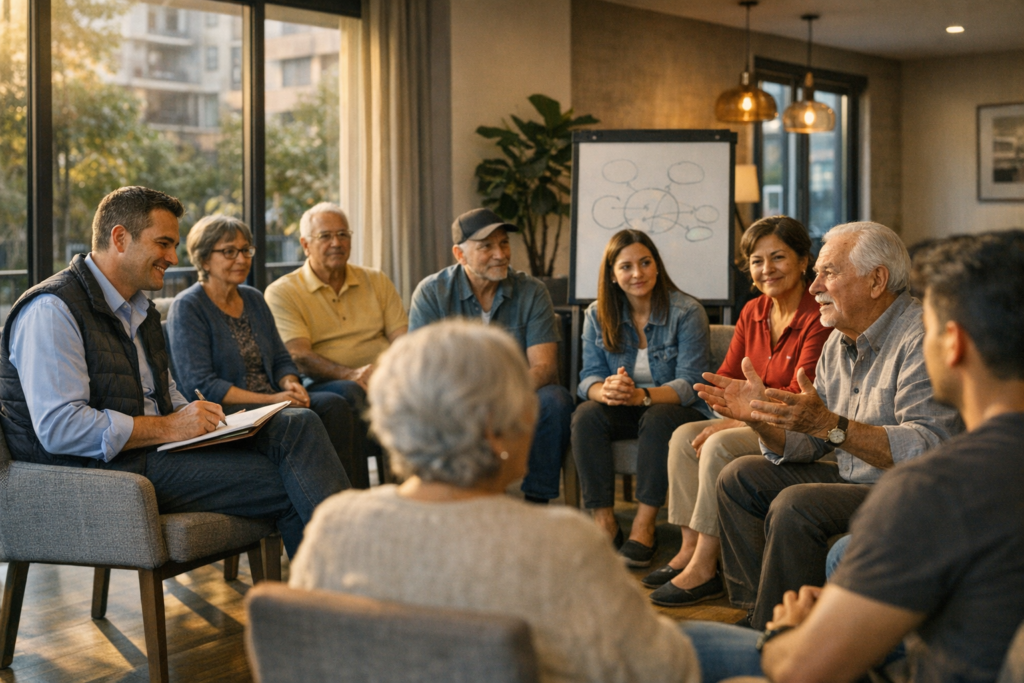Vecinos participando en una reunión comunitaria para mejorar la convivencia y la colaboración en un condominio