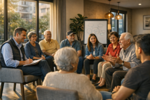 Vecinos participando en una reunión comunitaria para mejorar la convivencia y la colaboración en un condominio