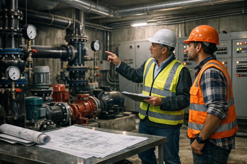 Profesionales revisando sala de bombas e instalaciones comunes durante una inspección técnica de edificio