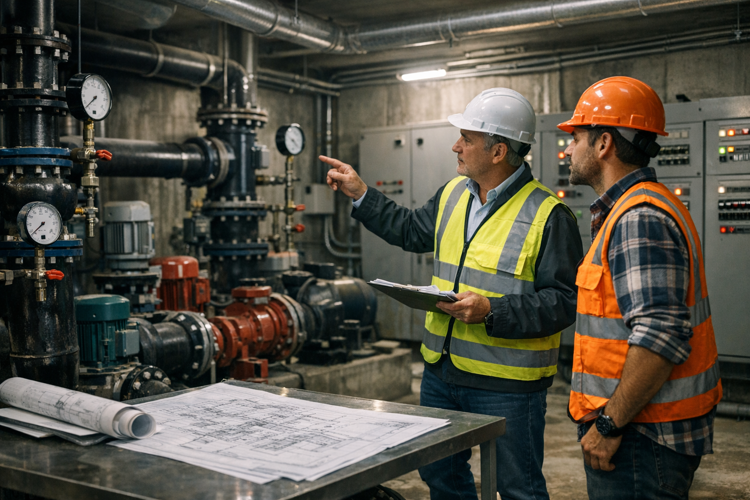 Profesionales revisando sala de bombas e instalaciones comunes durante una inspección técnica de edificio