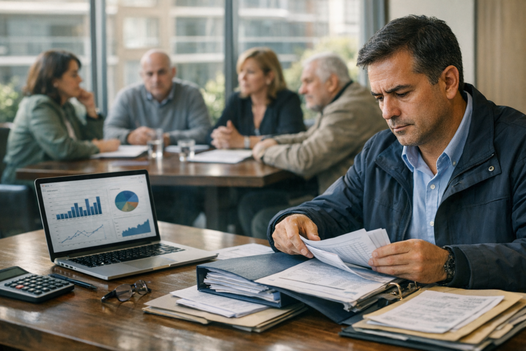 Administrador de condominio revisando documentos y contabilidad en reunión con comité de administración
