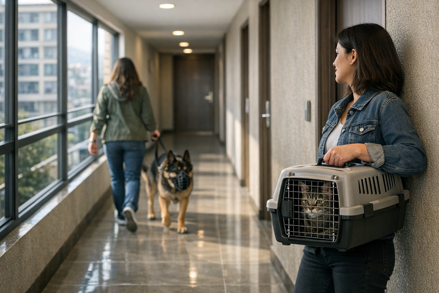 Residente paseando perro con correa en pasillo de condominio