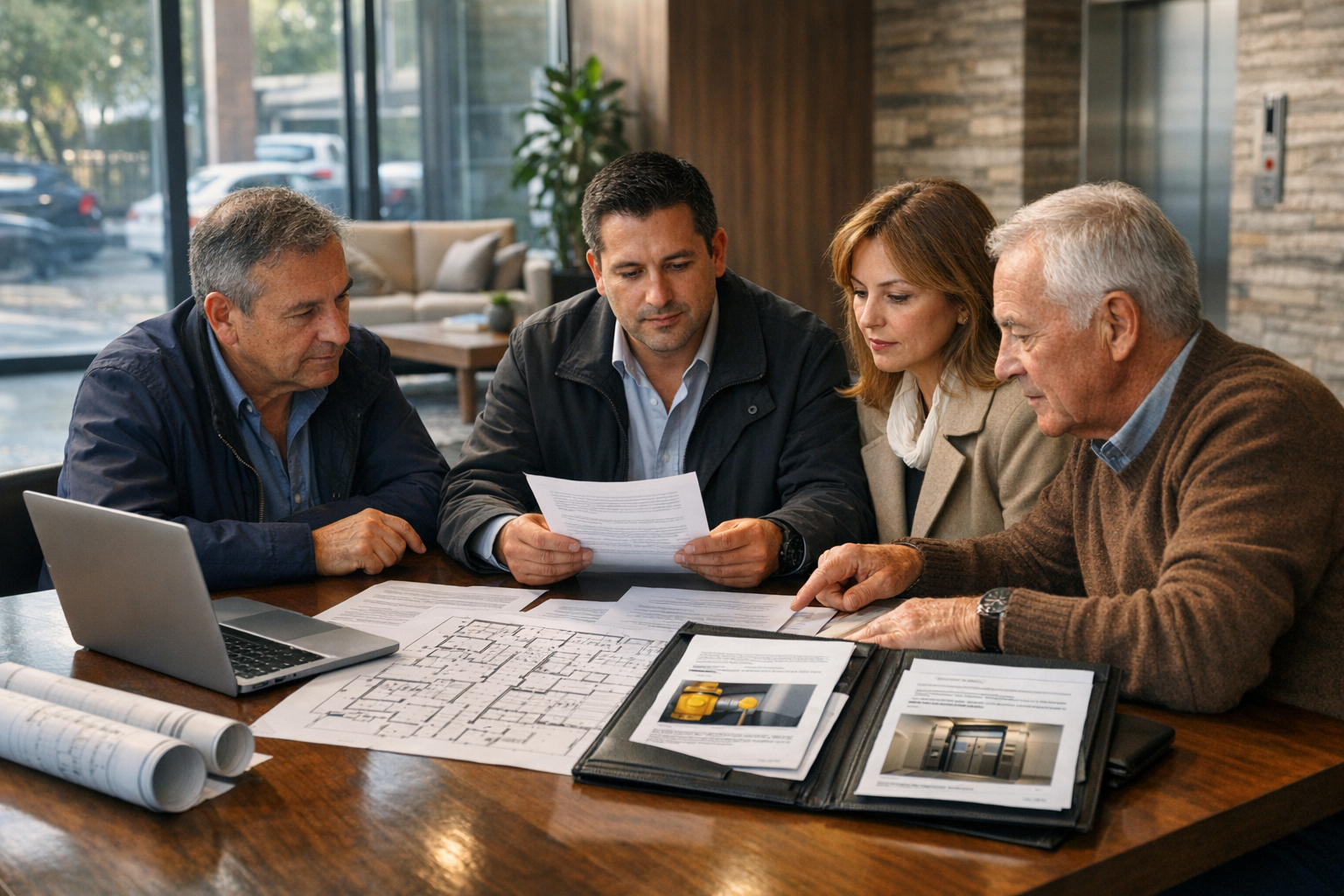 Administrador y comité de administración revisando documentación y certificaciones obligatorias del condominio