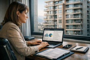 Administradora de condominios planificando mantención preventiva y gestión contable en oficina