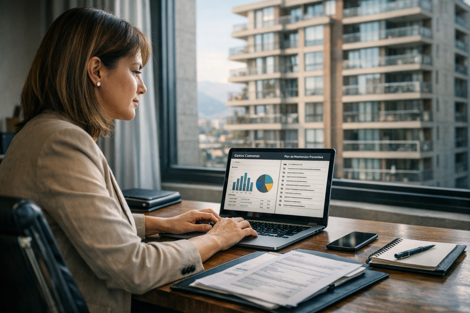 Administradora de condominios planificando mantención preventiva y gestión contable en oficina