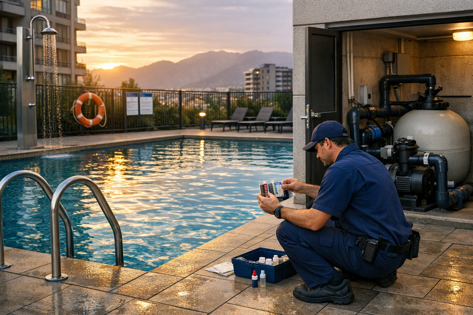 Técnico realizando control de pH y cloro en piscina de condominio con sala de bombas y elementos de seguridad