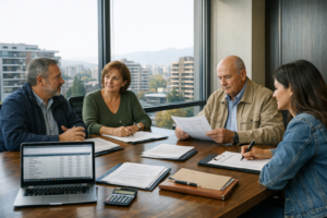 Comité de administración revisando actas y gastos comunes en una reunión de condominio