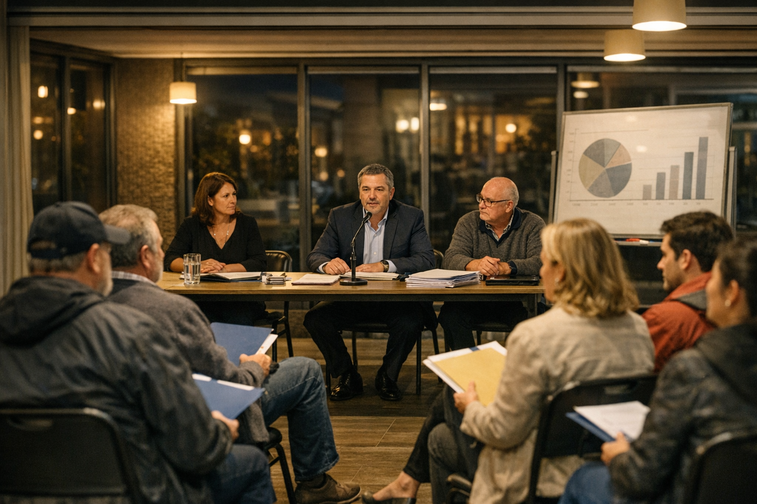Reunión de asamblea de copropietarios en condominio para votar acuerdos y quórums