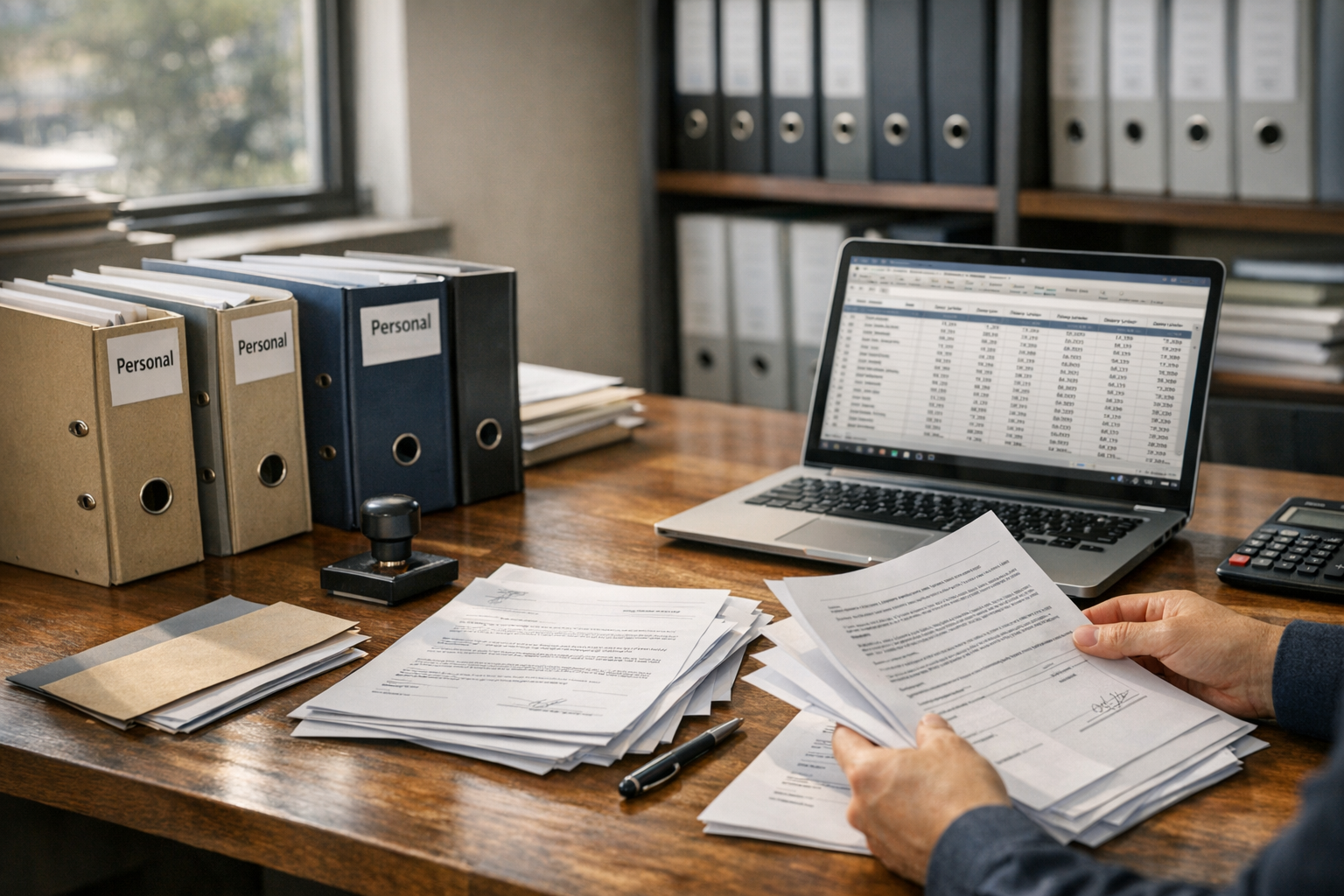 Administración revisando contratos y documentación laboral de trabajadores en un condominio