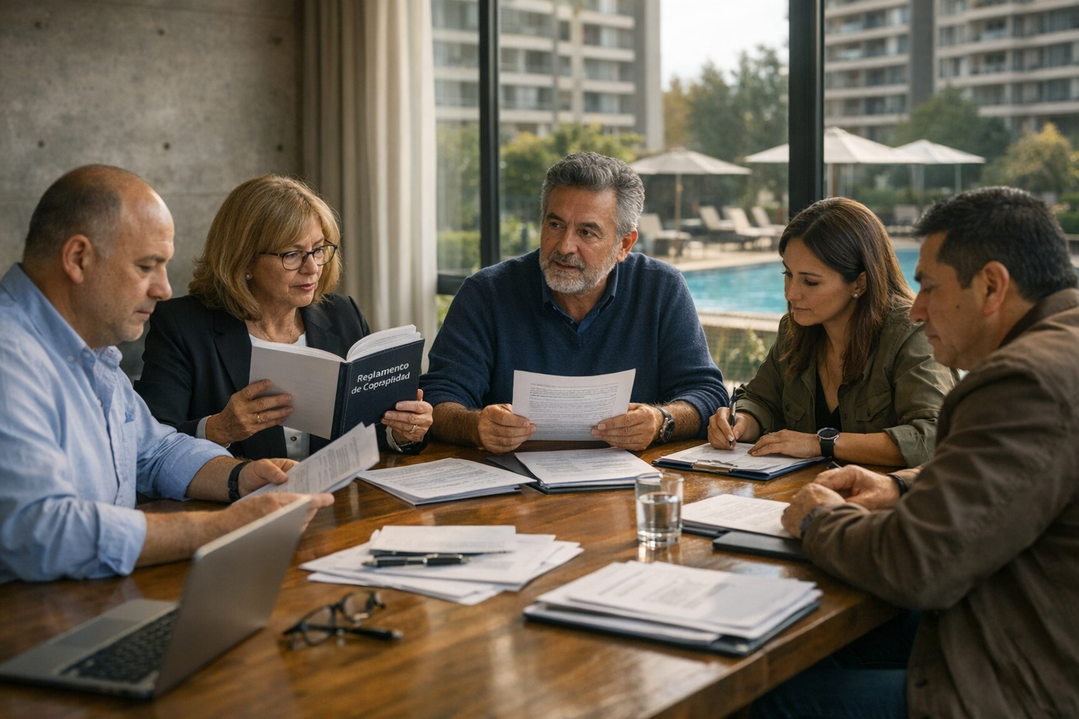 Integrantes del comité de administración revisando decisiones y documentos en una reunión de condominio