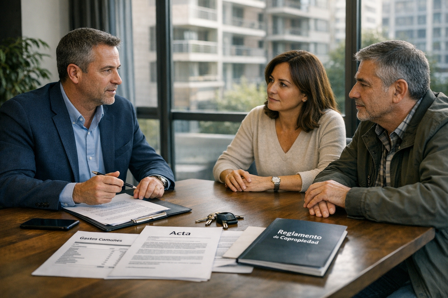 Vecinos y administrador revisando documentos para un reclamo y mediación en condominio