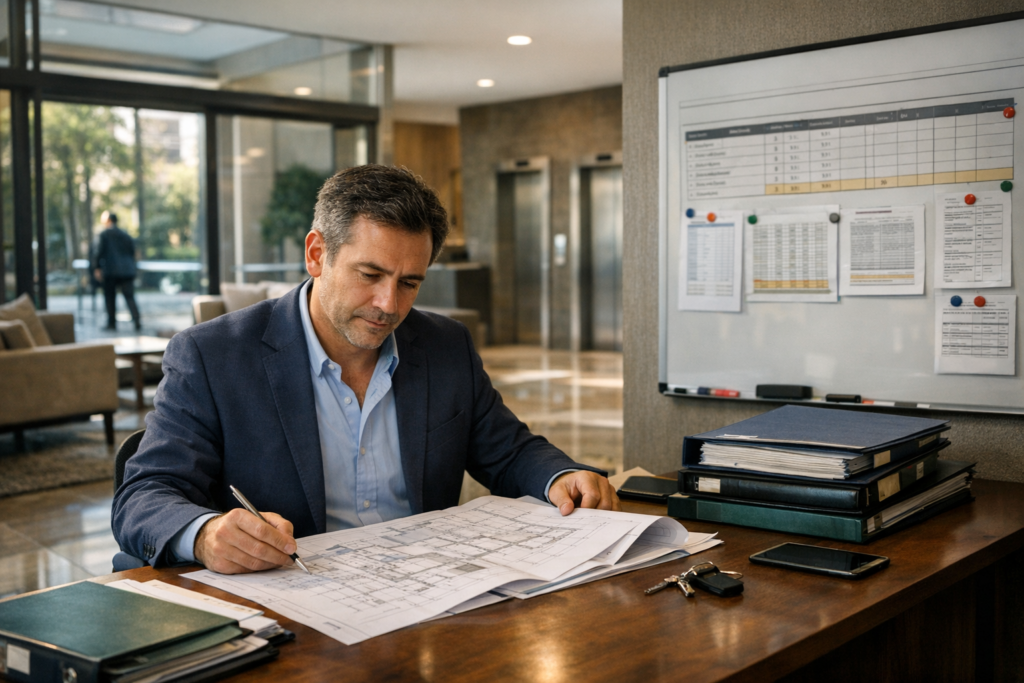 Administrador de condominio en Chile revisando certificaciones, gastos comunes y gestión de áreas comunes