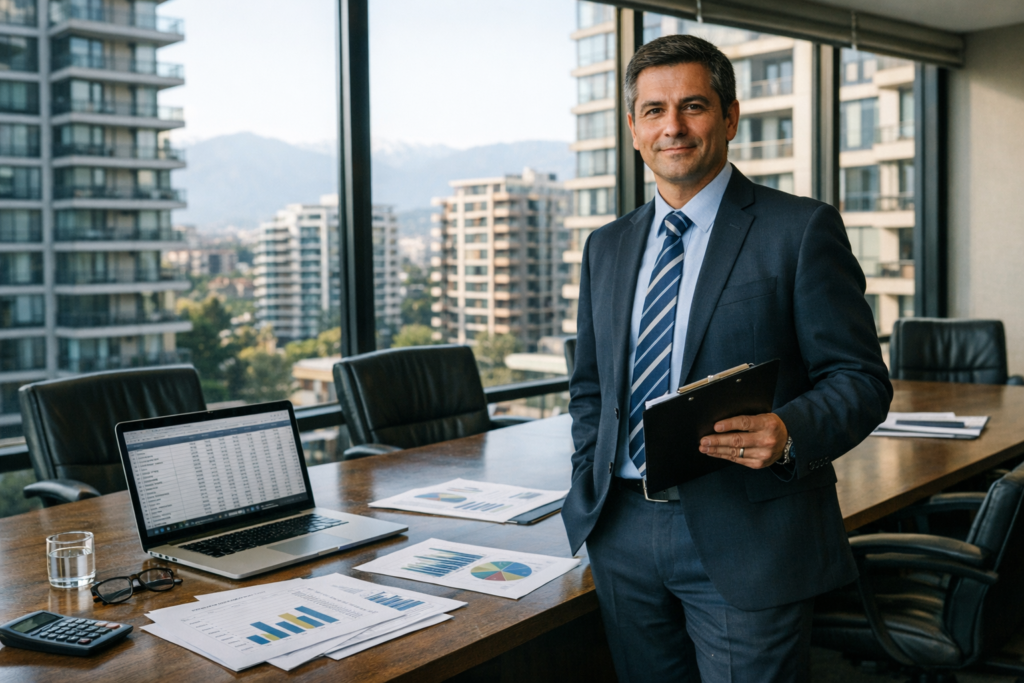 Administrador de condominio calculando honorarios con planilla de costos y documentos en una reunión profesional