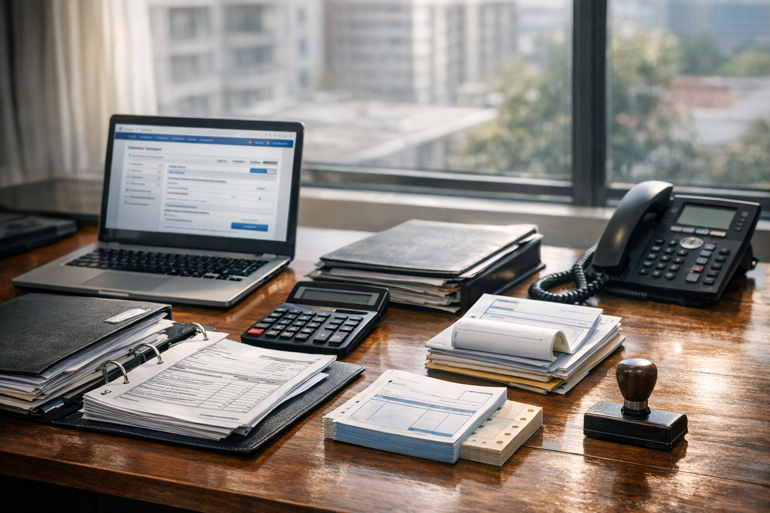 Escritorio de administrador de condominios con documentos contables y computador para trámites tributarios ante el SII