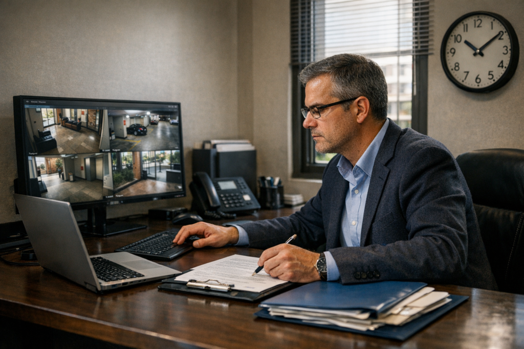 Administrador de condominio resguardando pruebas y documentación ante agresiones