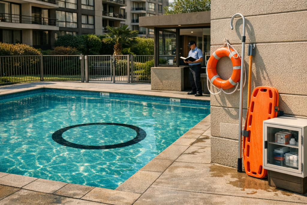 Piscina de condominio con elementos de seguridad y agua transparente según normativa