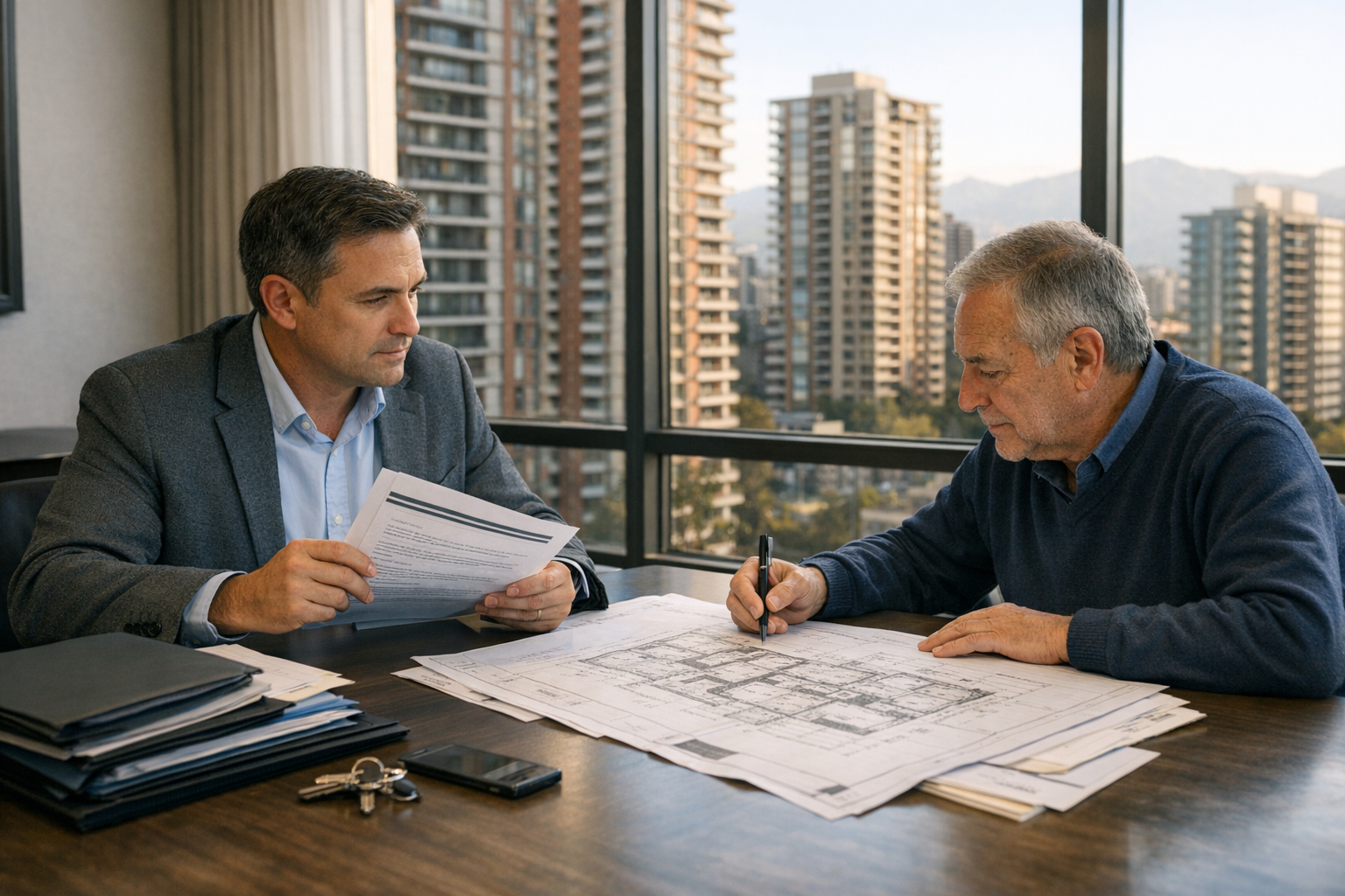 Administrador y comité revisando pólizas de seguros y valores de cobertura de un edificio en copropiedad