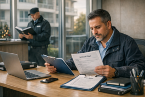 Administrador de condominio planificando protocolos y comunicación para fin de año