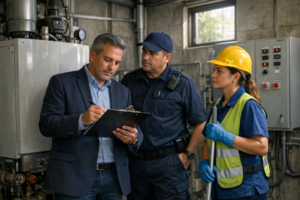 Administrador y trabajadores aplicando gestión preventiva de riesgos laborales en sala de máquinas de un condominio