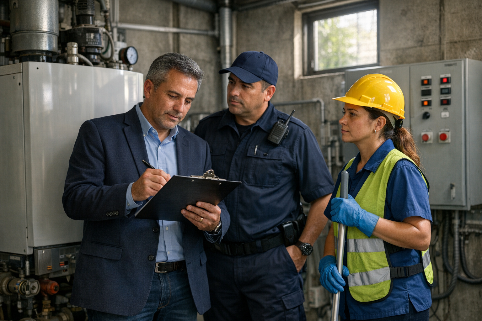 Administrador y trabajadores aplicando gestión preventiva de riesgos laborales en sala de máquinas de un condominio