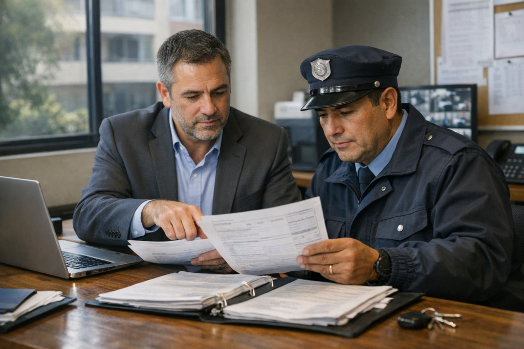 Administrador y conserje revisando protocolos de prevención y canales de denuncia en oficina de un condominio